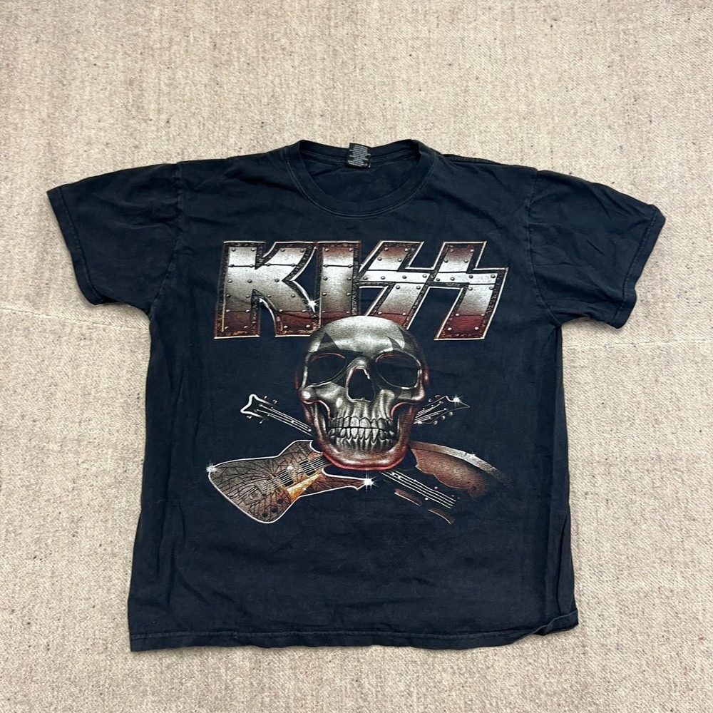 Vintage Kiss Shirt Mens Large Black 2000s Y2K Skull Guitar